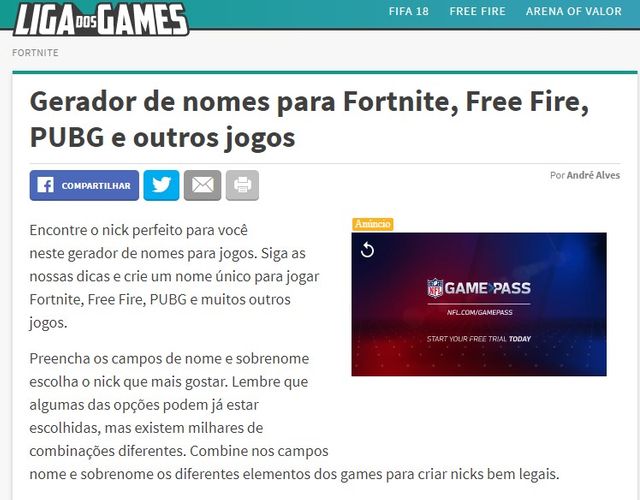 Gerador de nomes para jogos (Fortnite, Free Fire, PUBG,) - Liga dos Games