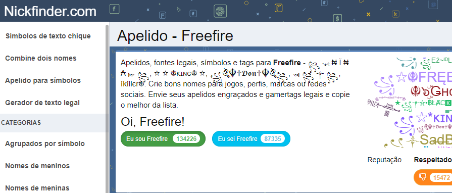 Como criar nomes para Free Fire com símbolos no Nickfinder