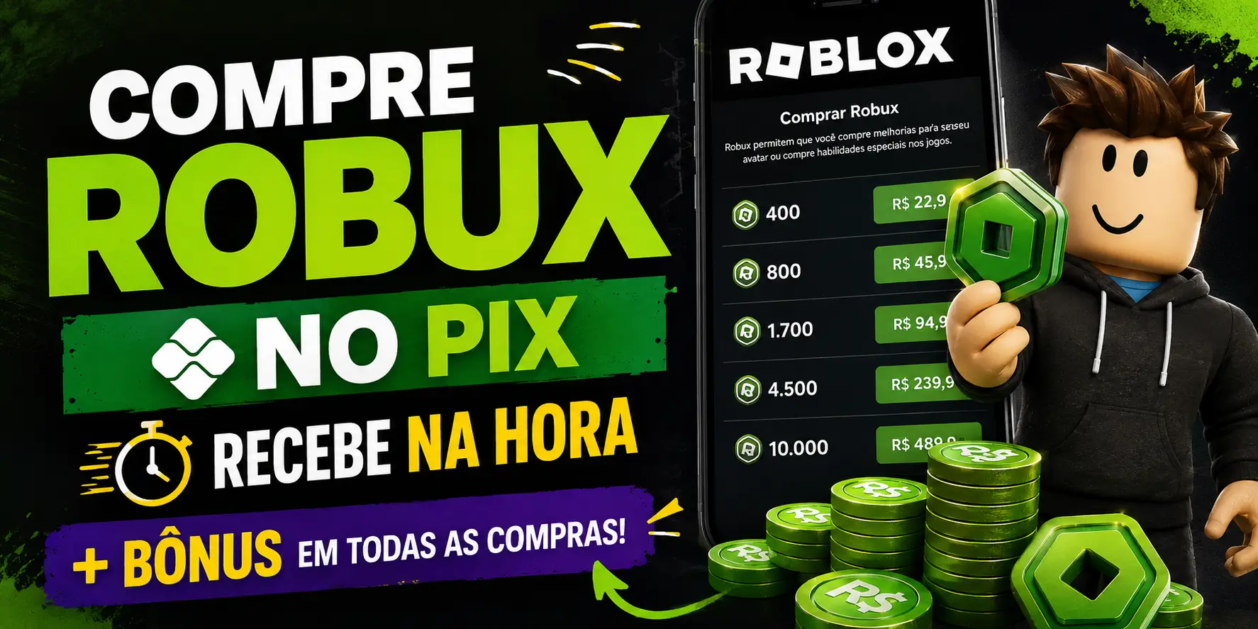 Compre Robux via Pix e receba bônus na hora